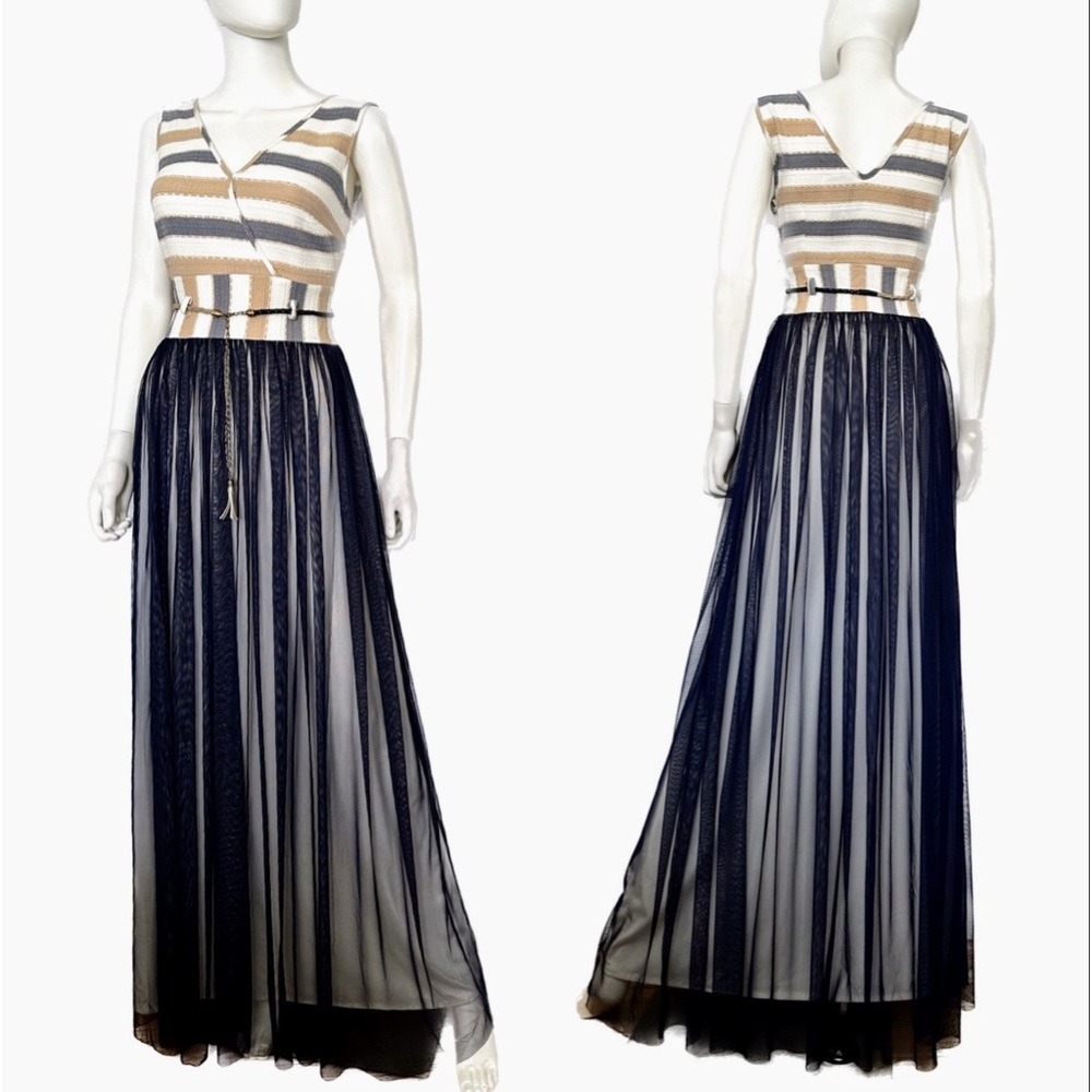 SALE💥NWT WOMEN LONG DRESS STRIPED TOP/TULLE SKIRT WRAP STYLE SLEEVELESS V-NECK